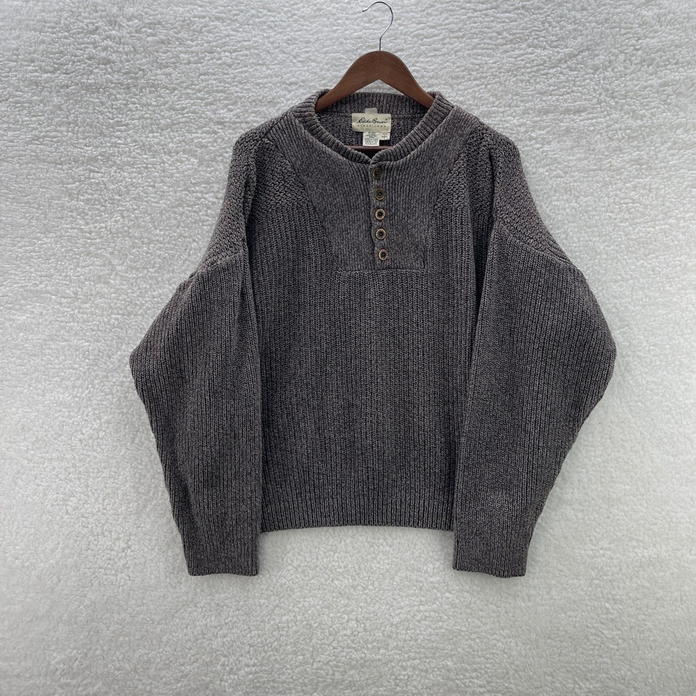 Vintage Eddie Bauer Sweater Mens Large Gray Fisherman Henley Chunky Ribbed USA